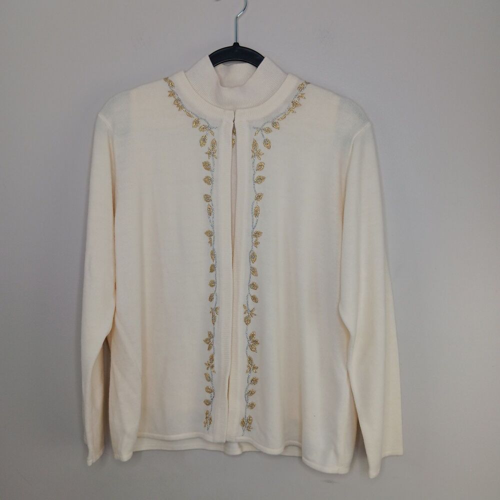 Designers  Originals Cardigan Sweater Set Tank Ivory Gold Embroidery Grandma